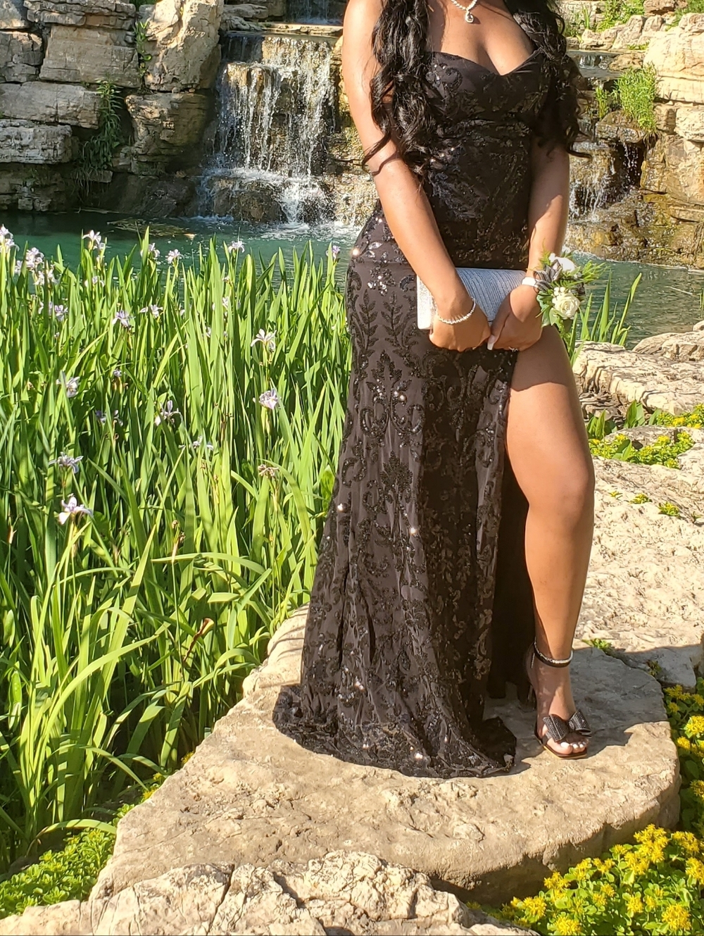 Elegant Black Sequin Evening Gown with Thigh Slit